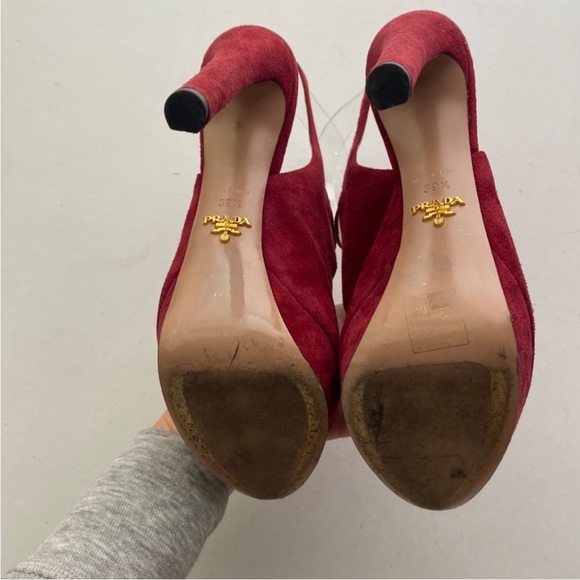 Prada Heels Pumps Shoes Suede red Peep Toe - Picture 6 of 11